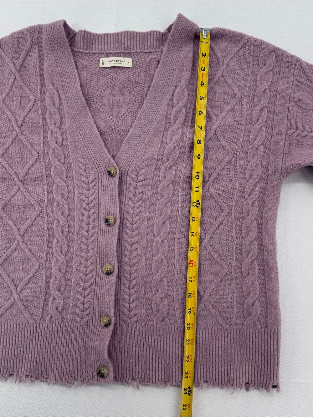 Lucky Brand Dusty Lilac Cable Knit Cardigan Sweater Medium Distressed Hem - Picture 10 of 15